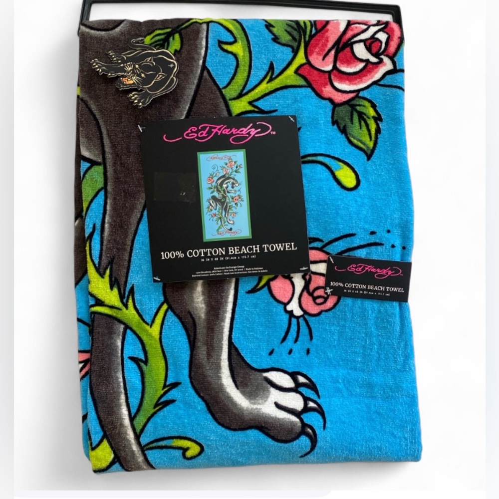 Ed Hardy Blue Floral Tiger Beach Towel
